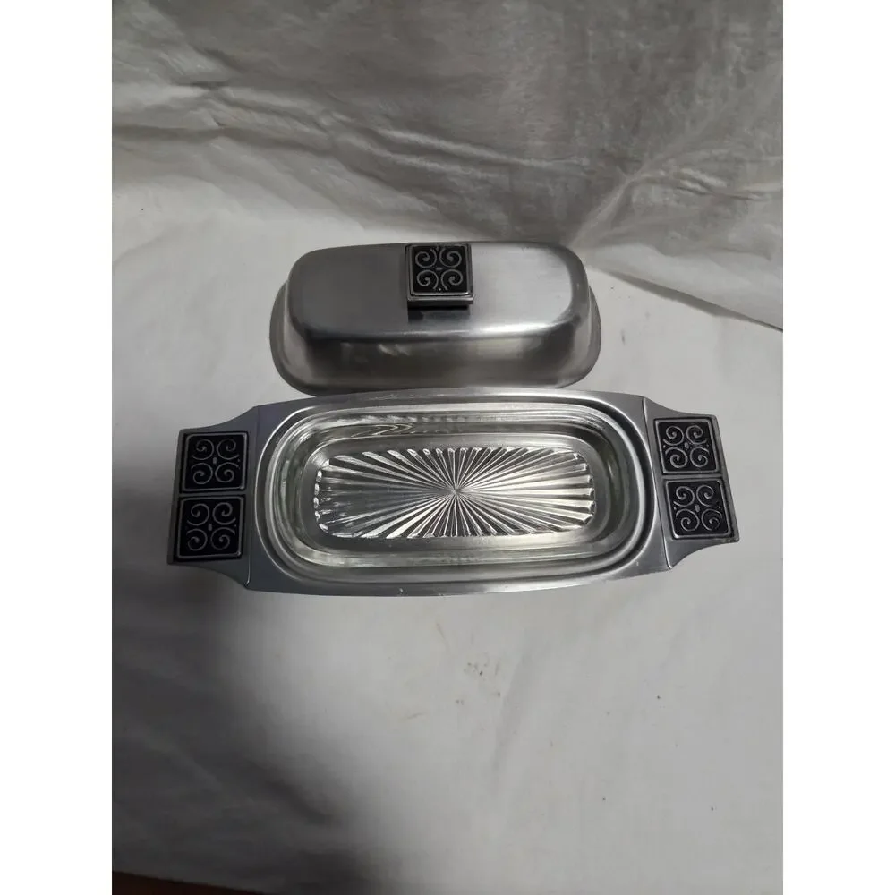 Vintage Rogers INSILCO Fashion Stainless Steel Butter Dish w/ Lid MCM